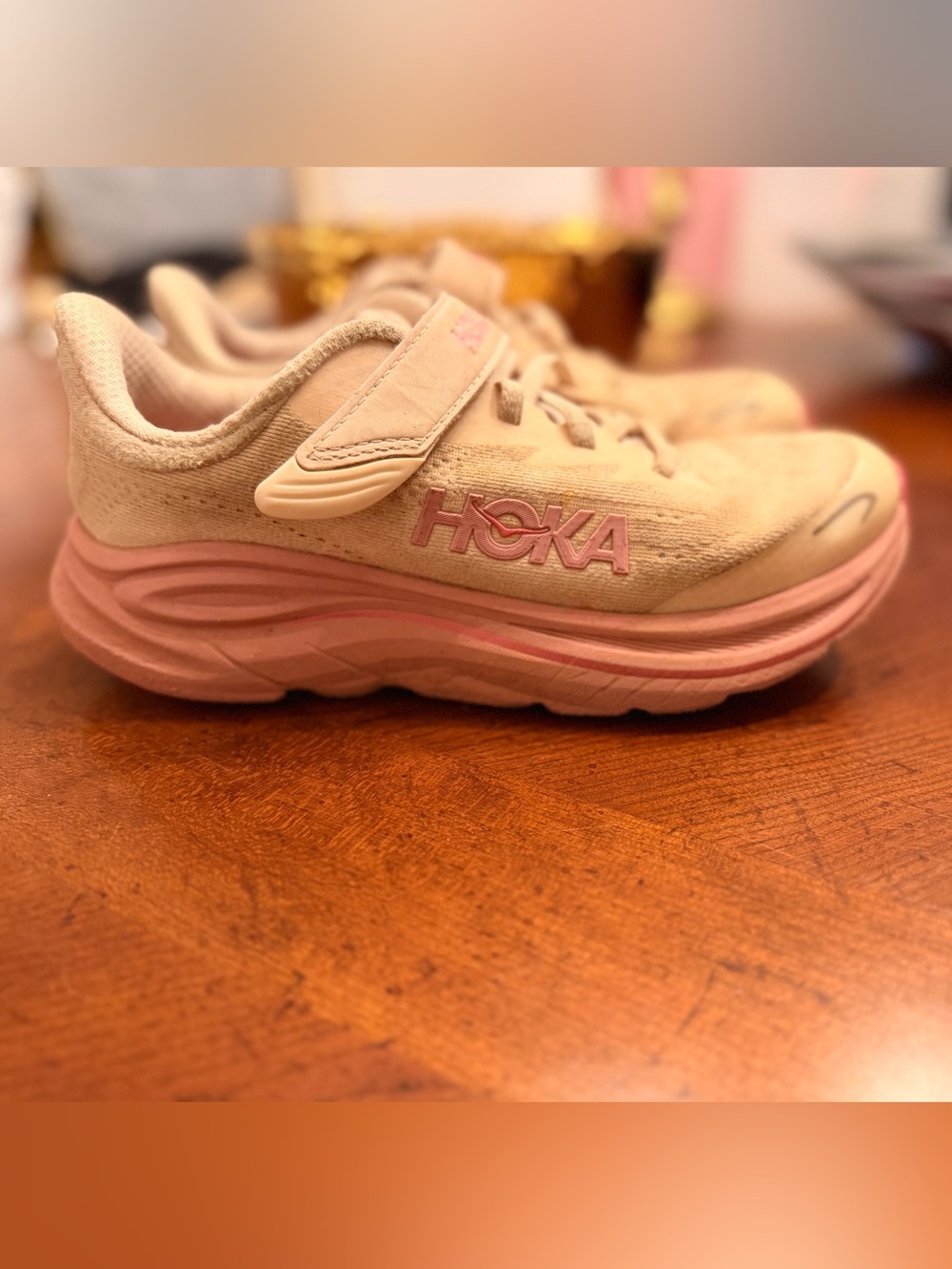 Hoka Kids Cream and Pink Athletic Sneaker